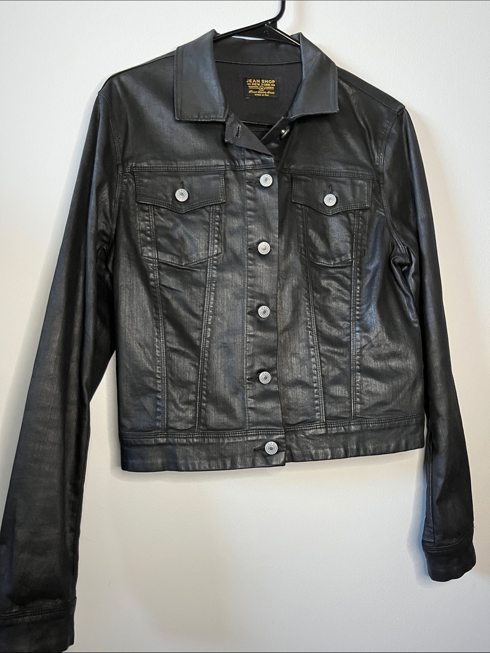 Jean Shop black coated jean trucker jackets
